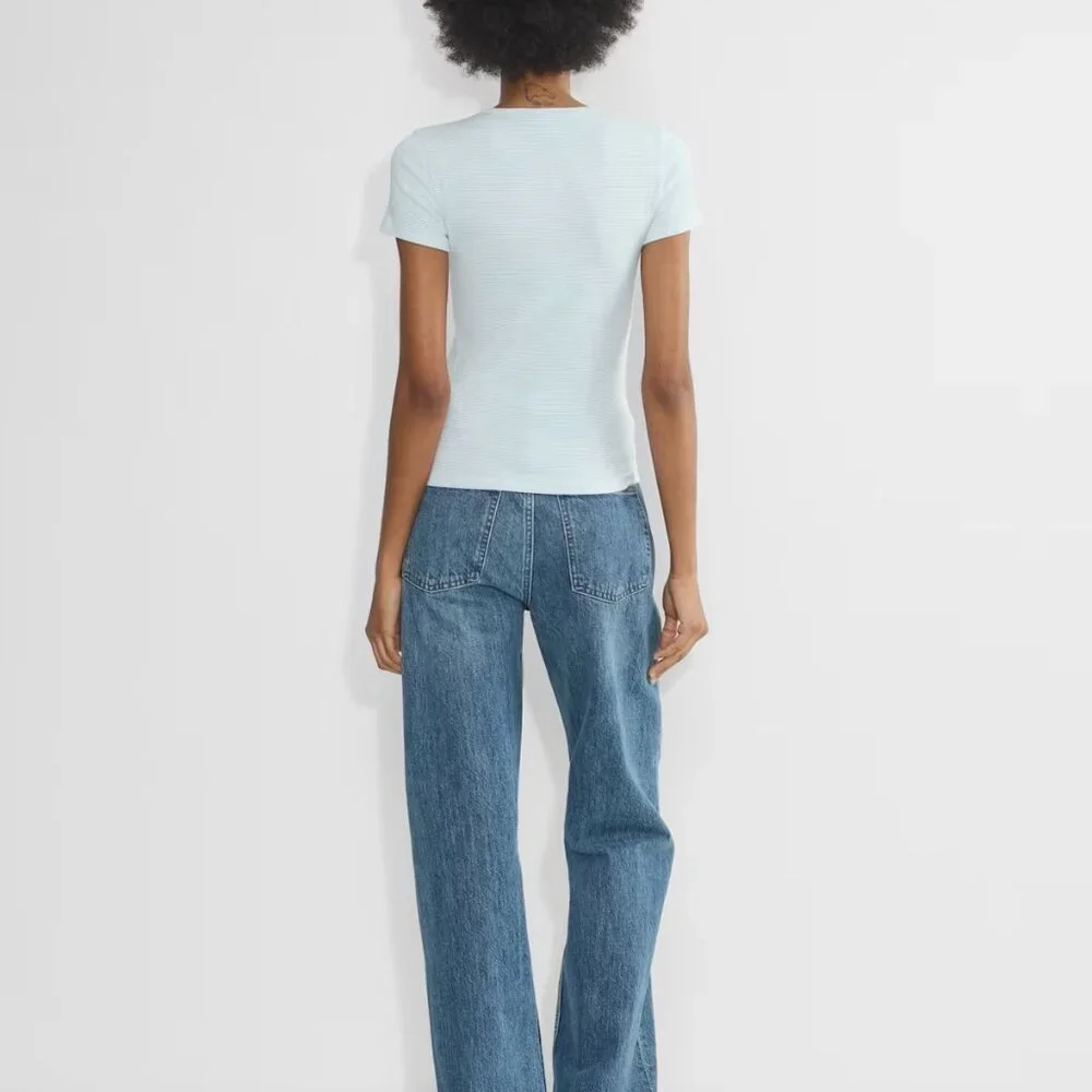 Aritzia HomeStretch™ Rib Crew T-Shirt in Dew Blue/White NWT - Picture 5 of 6